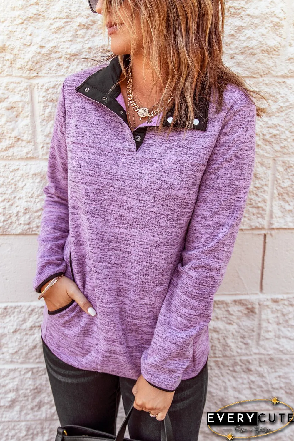 Purple Heathered Turn-down Collar Pullover Sweatshirt