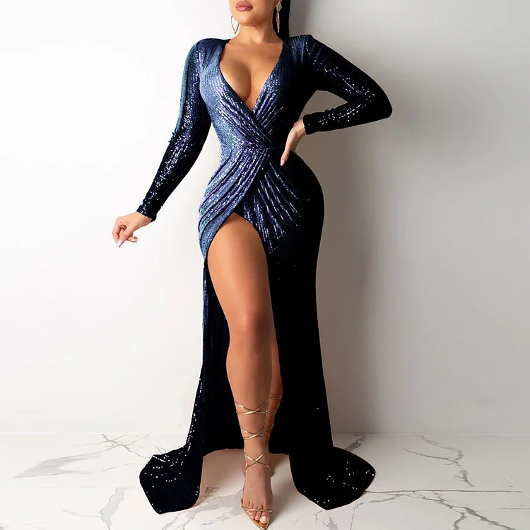 Solid Deep V-Neck High Split Dress - IRBOOM Fashion Clothing