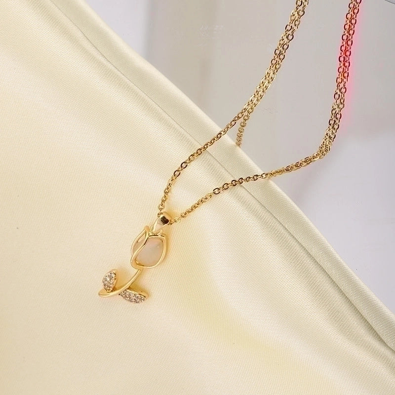 Casual Minimalist Tulip Titanium Steel Inlay Opal Zircon Pendant Necklace