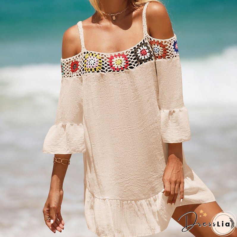 Holiday Suspenders Sun-protective Clothing Crocheted Lace Shoulder Dress Casual Short Solid Color Sunscreen Beach Skirt