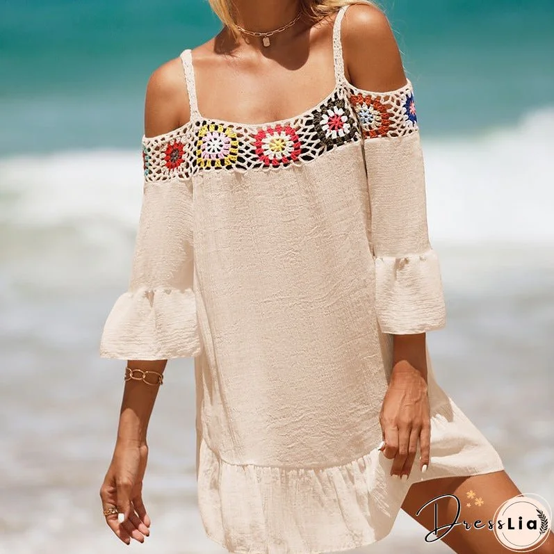 Holiday Suspenders Sun-protective Clothing Crocheted Lace Shoulder Dress Casual Short Solid Color Sunscreen Beach Skirt