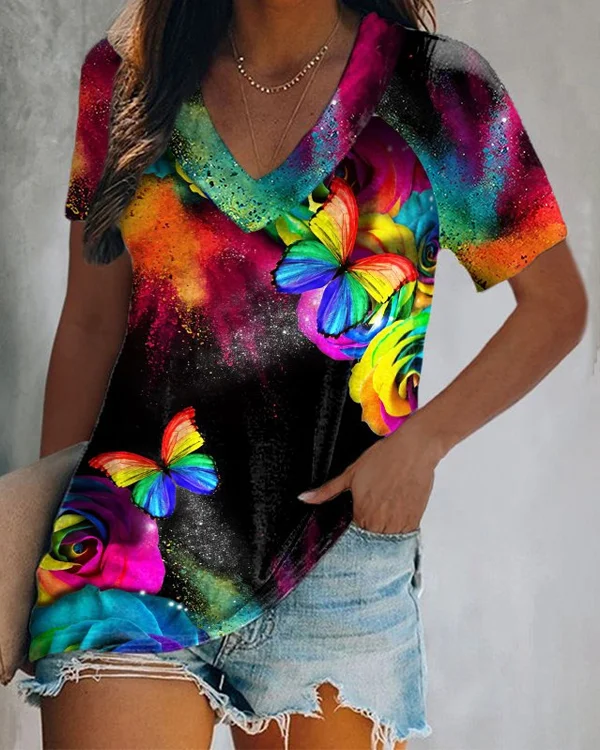 🔥kukelife🔥Black V-neck Rainbow Butterfly Printing Women's Cozy T-shirts