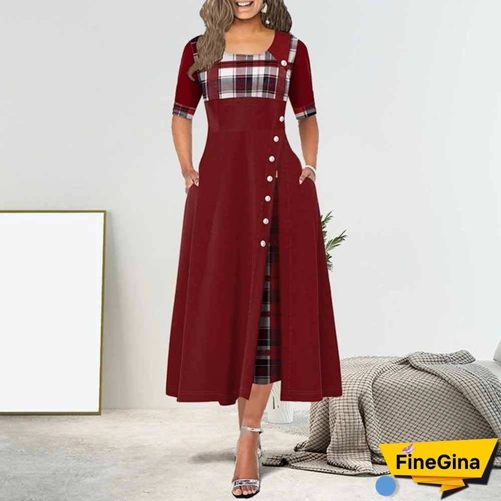 Women's Fashion Half Sleeve Plaid Print Button Detail Maxi Dress Vintage Dress Plus Size S-5XL