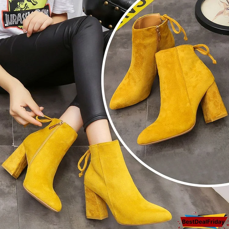 British Style Pointed Toe Boots Rough High Heels Back Lace Up Short Boots For Women