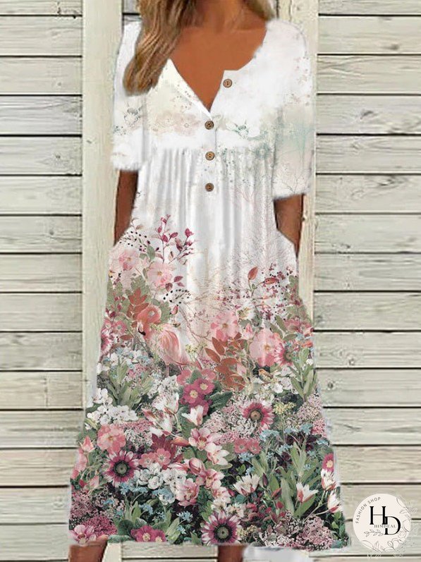 Dresses Printed V-Neck Button Short Sleeve Pocket Dress for Women