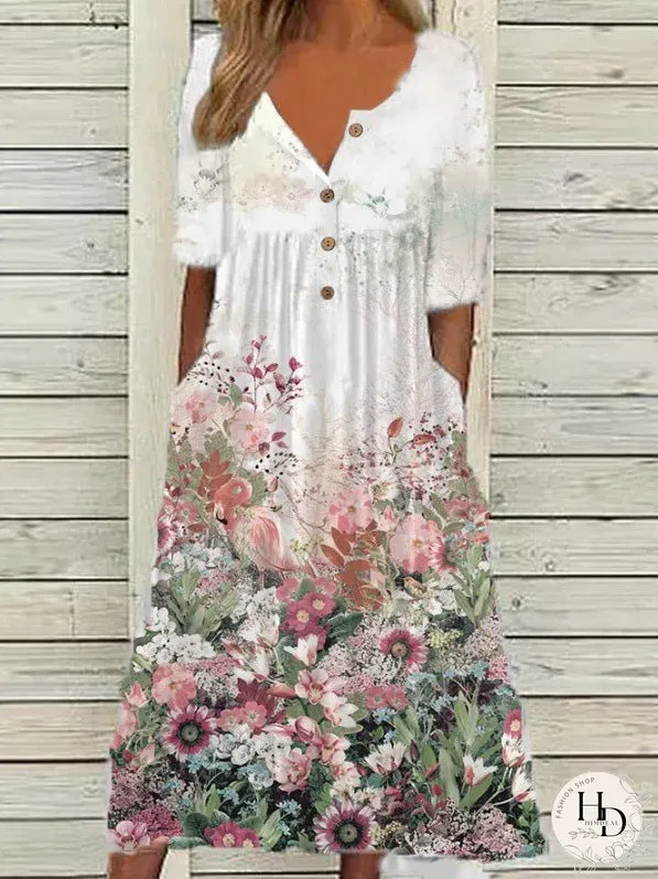 Dresses Printed V-Neck Button Short Sleeve Pocket Dress for Women