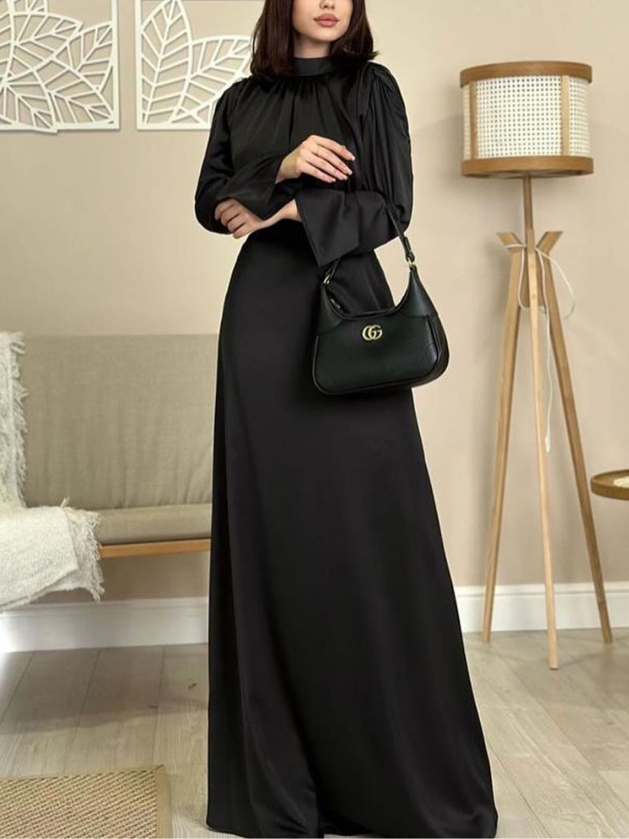 Elegant Satin Mid-neck Lace-up Long-sleeved High-waisted Dress | Oxredo Shop Ramadan Sale