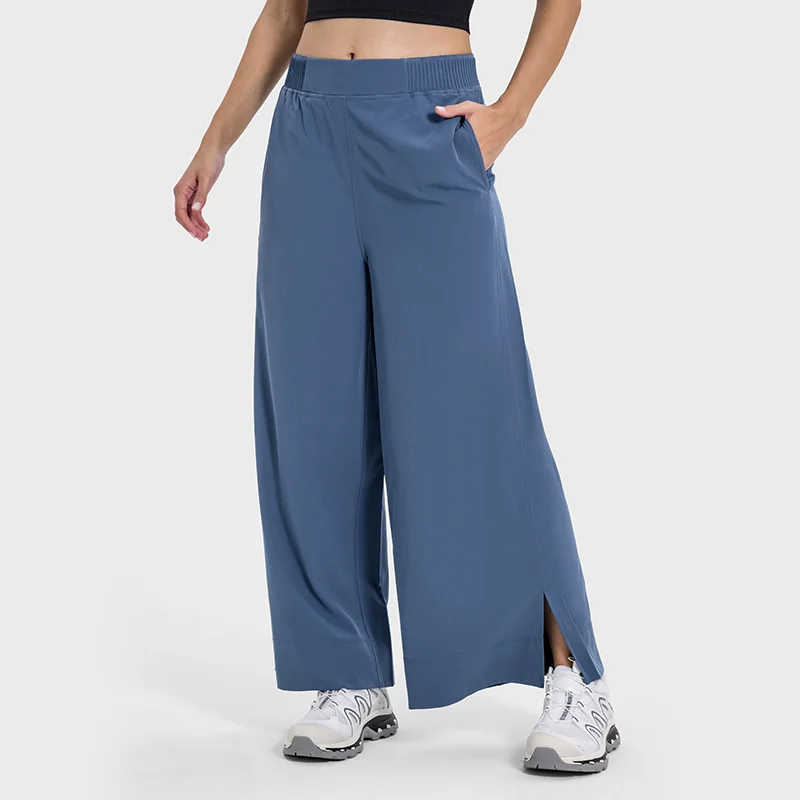 Side pockets waist-cinched wide-leg pants