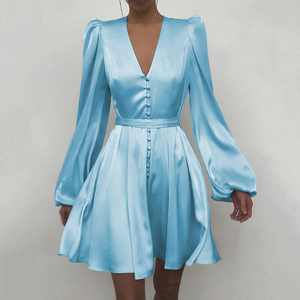 Spring Fashion  2021Elegant Women Satin Solid Long Sleeve Dress Button A-Line Mini Dress Casual Loose V-Neck Party Dress Vestido