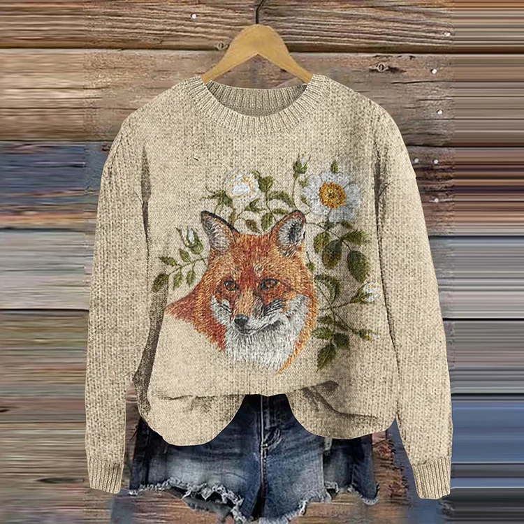 Fox Print Knitted Pullover Sweater