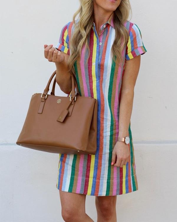 Fashion Short Sleeve Turn Down Collar Striped Dresses - Chicaggo