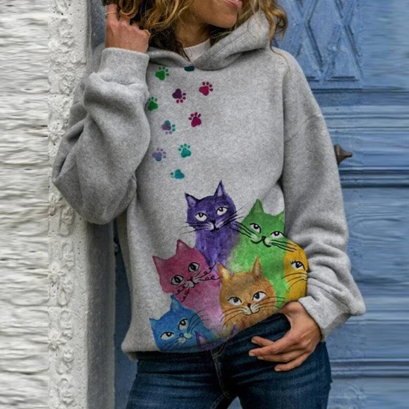 Autumn Winter Casual Cats Print Fleece Tops Women Long Sleeve Warm Pullovers Shirts Female Size S-3XL Retro Harajuku Streetwear