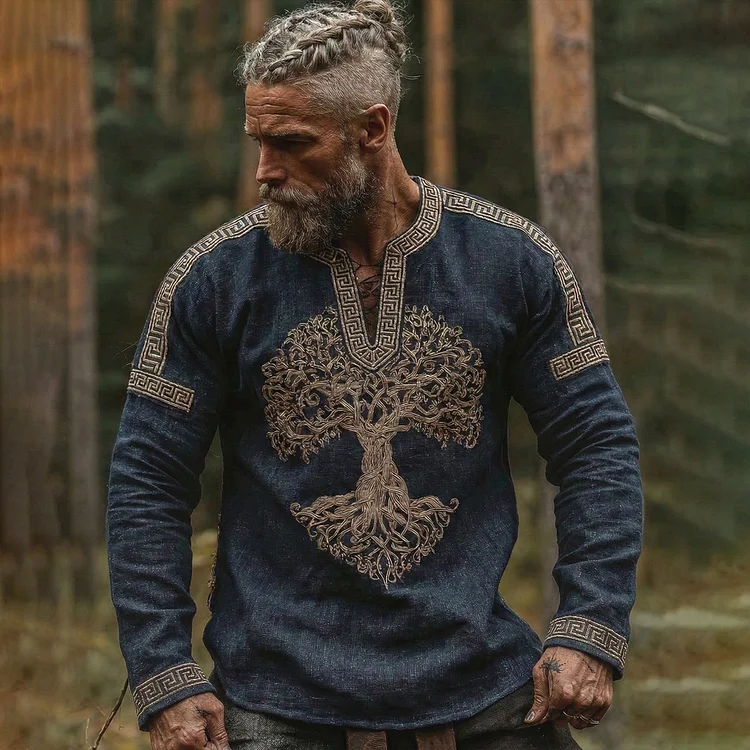 Men's Viking Tree Of Life Art Vintage Linen Tunic