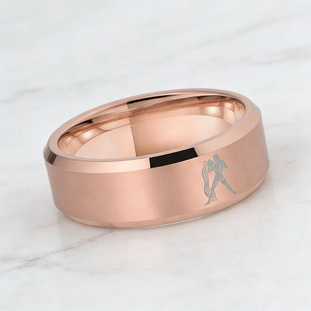 Beveled Edges Rose Gold Laser Etched Tungsten Carbide Rings Rose Gold Aquarius Couple Wedding Band 4MM 6MM 8MM