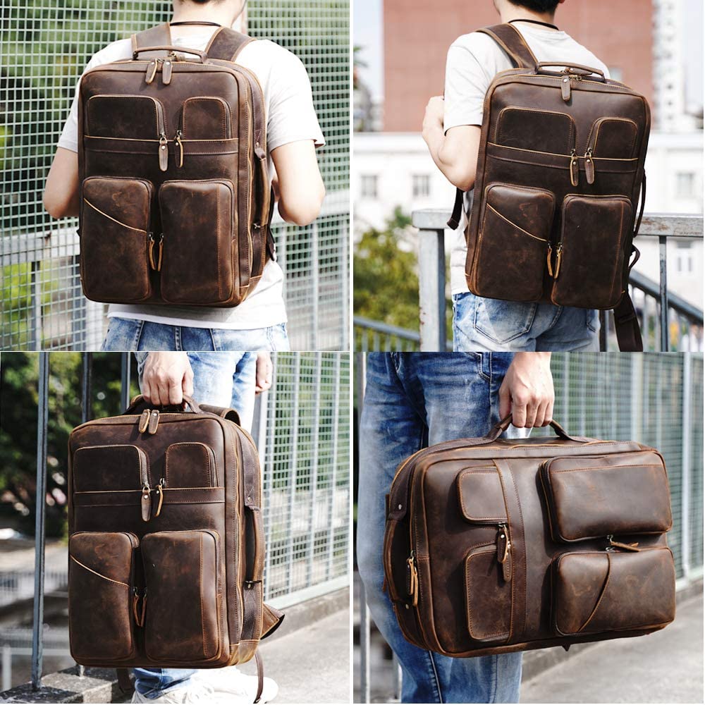 17.3" Vintage Leather Laptop Backpack for Men Multi Pockets Casual School Daypack Travel Rucksack
