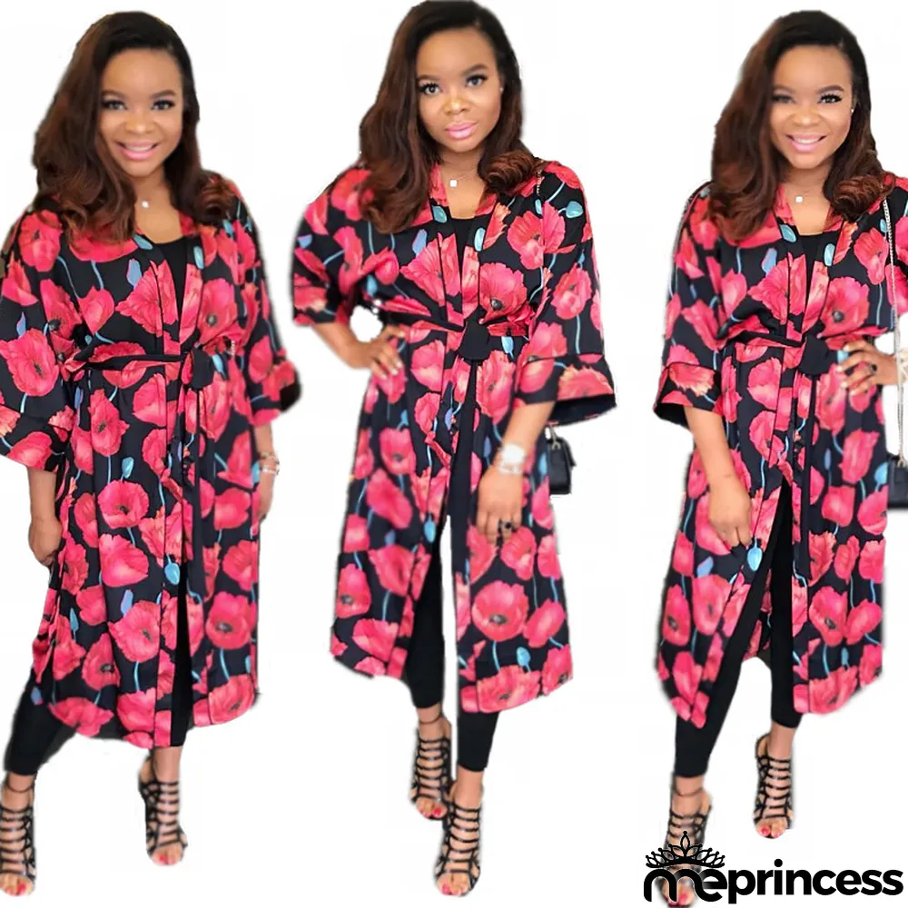 Casual Print Sashes Long Cardigan Coats