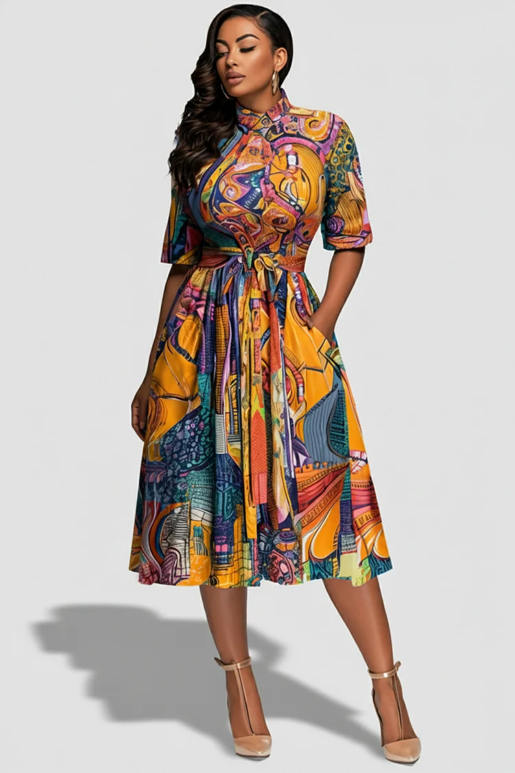 Xpluswear Design Plus Size Daily Multicolor African Print Mock Neck Short Sleeve Pocket Wrap Midi Dresses [Pre-Order] 2024 - Xpluswear