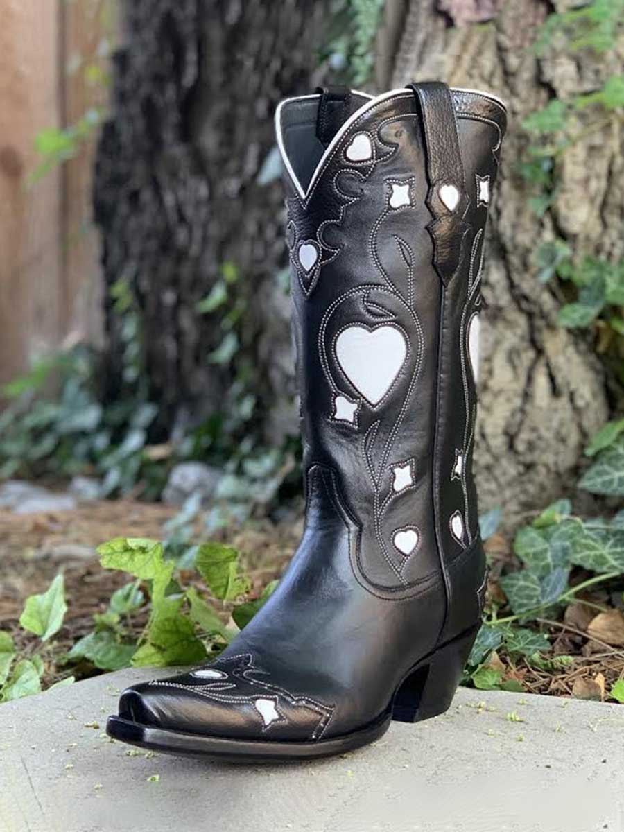 Black Chunky Heel White Heart Inlay Mid-Calf Cowgirl Boots for Women