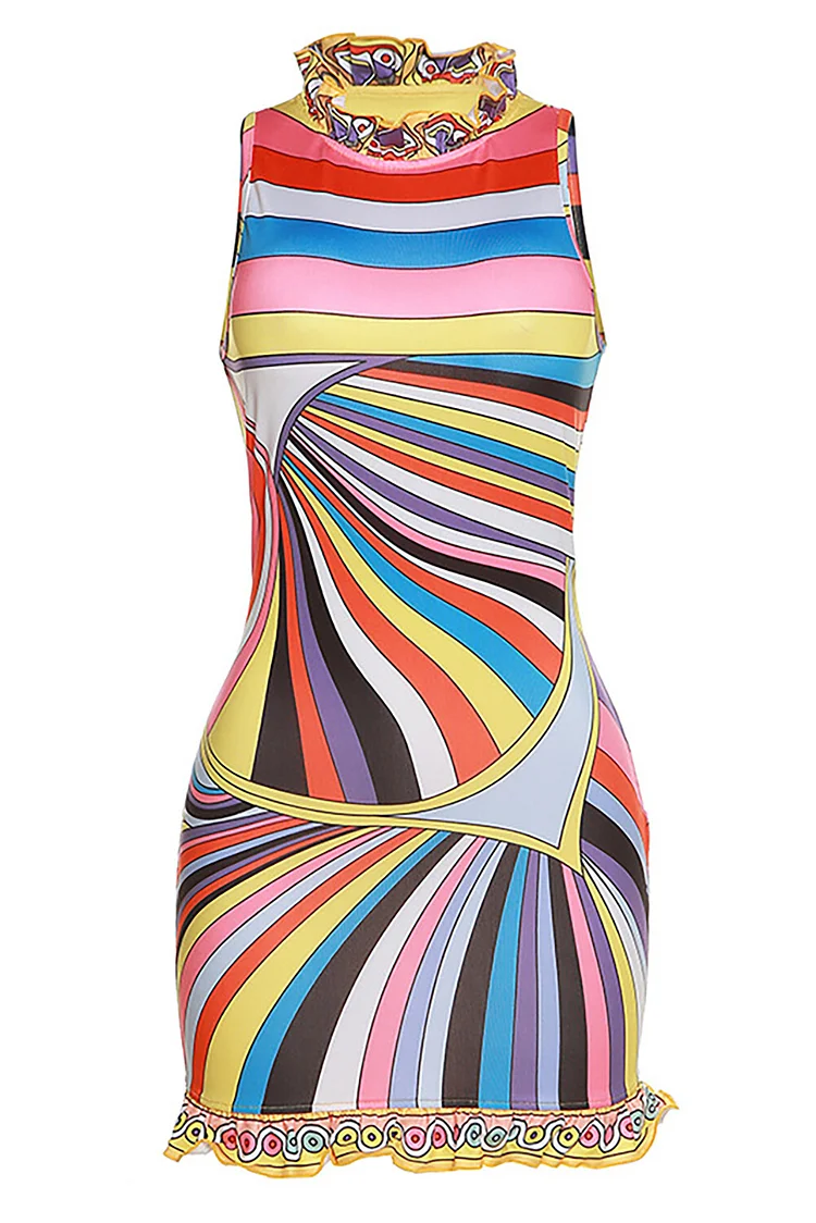 Sleeveless Multicolor Print Bodycon Frilled Trim Mini Dresses-Multicolor