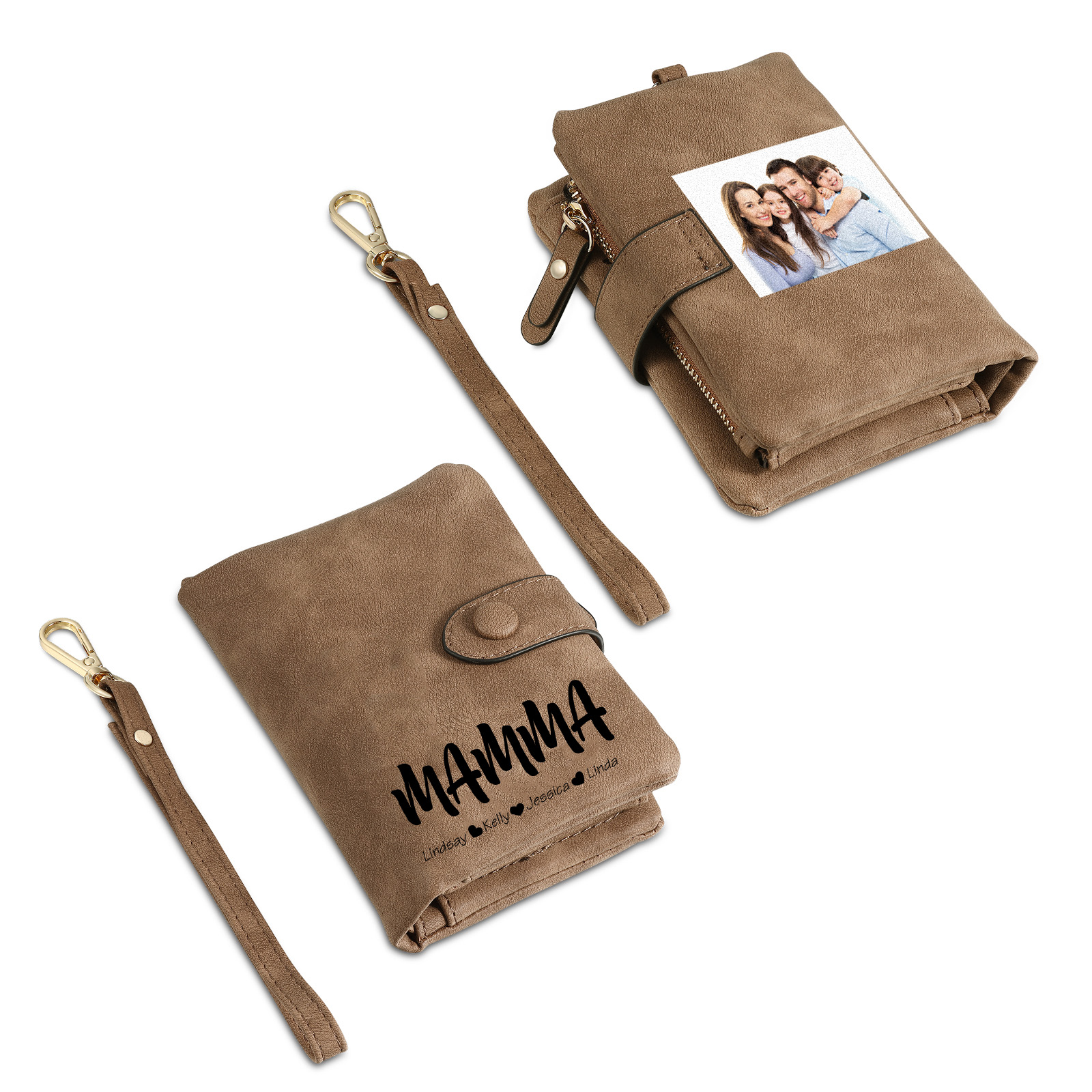 Portafoglio in PU pelle con 4 nomi & 2 testi & 1 foto personalizzati per mamma