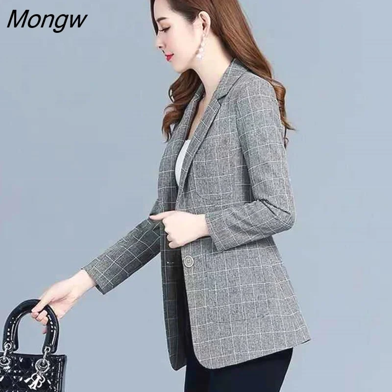 Mongw Women Spring Plaid Korean Style Single-breasted Office Ladies Loose XL-5XL Casual Elegant Fashion Womens Outwear Chic