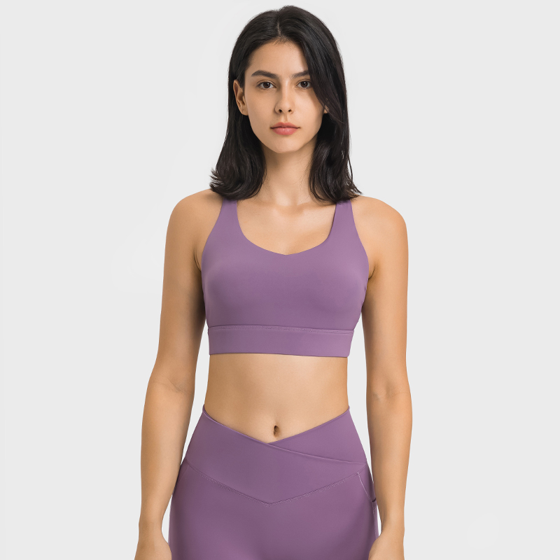 Hergymclothing Saffron Purple women's high performance cross back comfortable multi strap sports bra for sale
