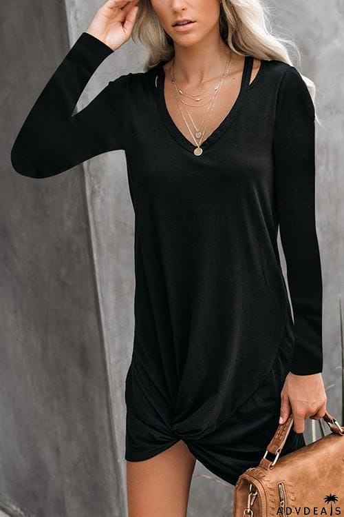 Knot V Neck Long Sleeve Mini Dress