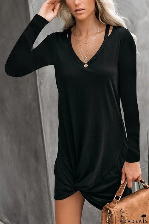 Knot V Neck Long Sleeve Mini Dress