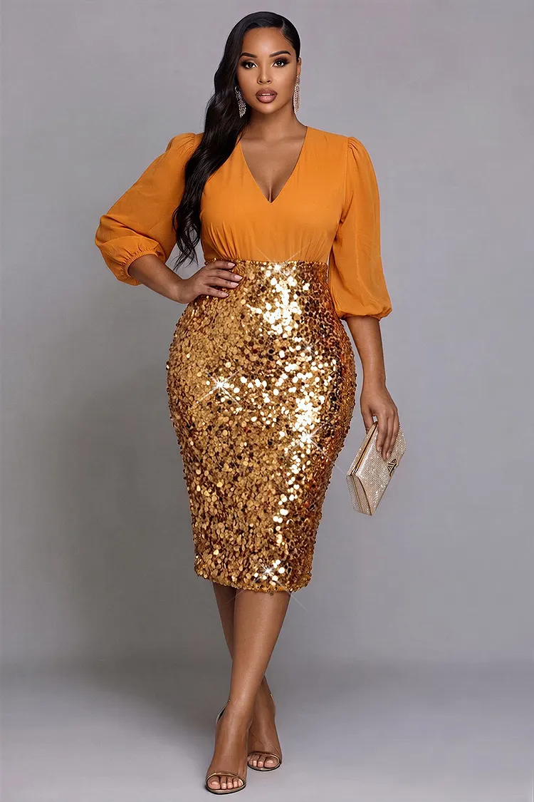 Xpluswear Design Plus Size Cocktail Party Chiffon Khaki V Neck Lantern Sleeve Half Sleeve Contrast Bodycon Sequin Midi Dresses 2024 - Xpluswear