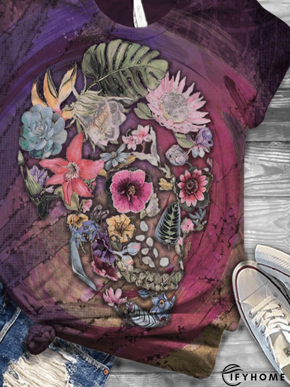 Plus Size Floral Short Sleeve Cotton-Blend T-shirt | IFYHOME