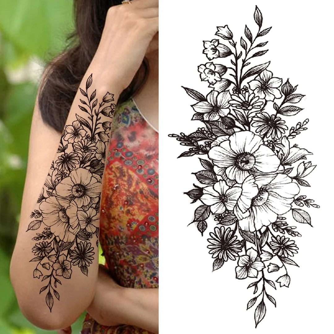 Death Skull Flower Temporary Tattoo For Women Girls Snake Bird Peony Tattoo Sticker Black Fake Blossom Sexy Tatoo Transfer Adult 530-1