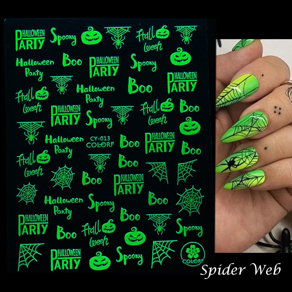 Nail Stickers Back Glue Fluorescent Light Halloween Pumpkin Little Ghost Designs Nail Decal Decoration Tips For Beauty Salons-Nail Inspo