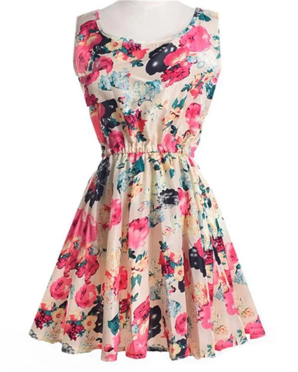 floral printed sleeveless crew neck women mini dress p114314