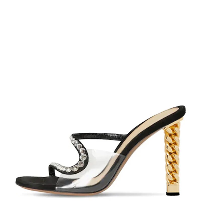 TAAFO Black Clear Patchwork Crystal Stiletto Gold High Chunky Heels Women Sandals  Ladies Shoes