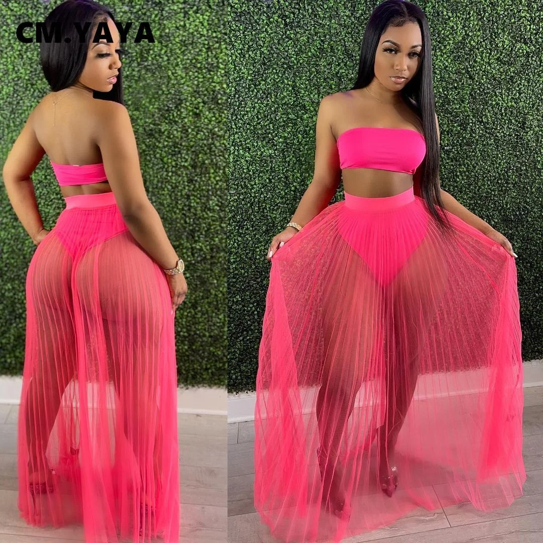 CM.YAYA Women Mesh See Though Two Piece Set Sexy Beach Strapless Tops and Pleated Maxi Skirts Matching Set Summer Outfits
