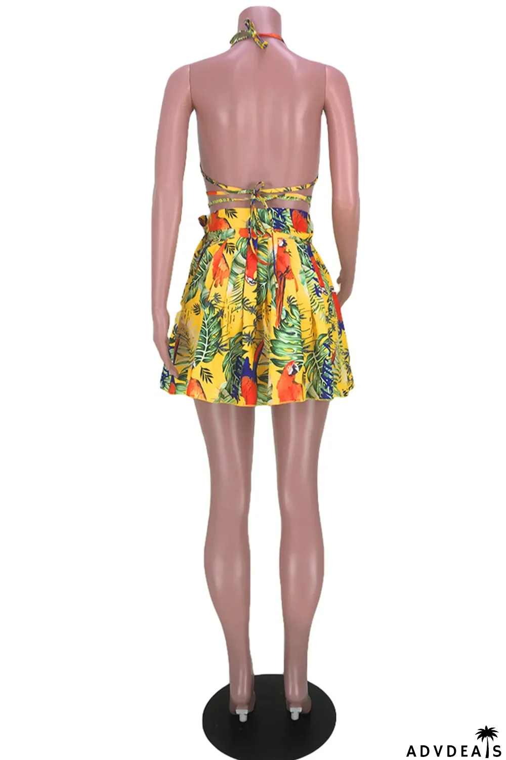 Gold Fashion Sexy Print Bandage Backless Spaghetti Strap Sleeveless Two Pieces