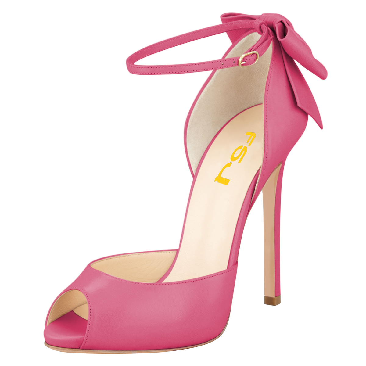 Vegan Leather Peep Toe Bow Inlay Ankle Strap High Heel Pumps in Pink Nicepairs