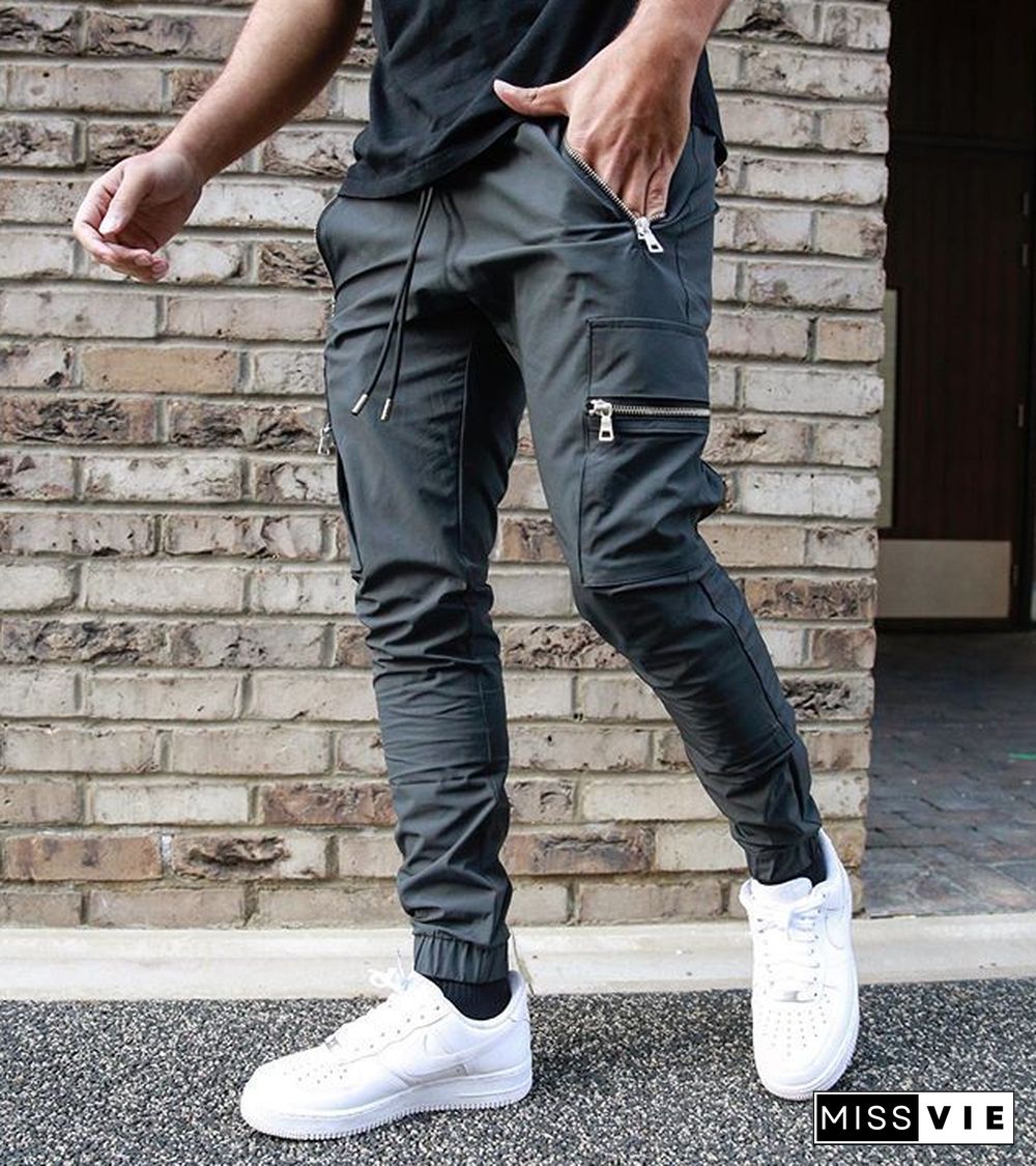 Sports And Leisure Zipper Multi-Pocket Trousers Men's Fitness Running Training Pants