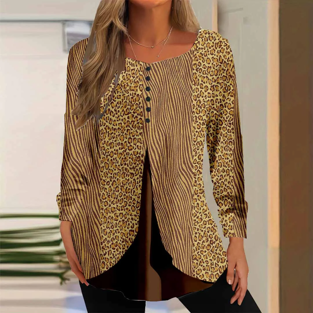 Women Graphic,Brown DZGG8118 Long Sleeve Scoop Neck Printed Graphic Button Fake 2in1 Tops
