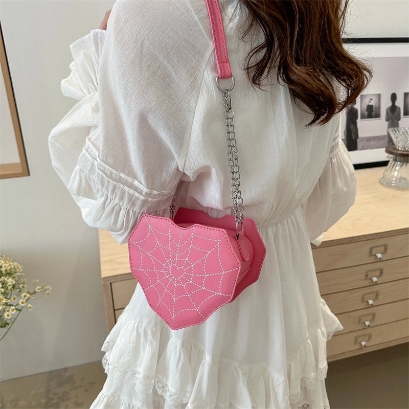 Halloween Women’s Medium Pu Leather Heart Shape Spider Web Streetwear Heart-shaped Zipper Underarm Bag