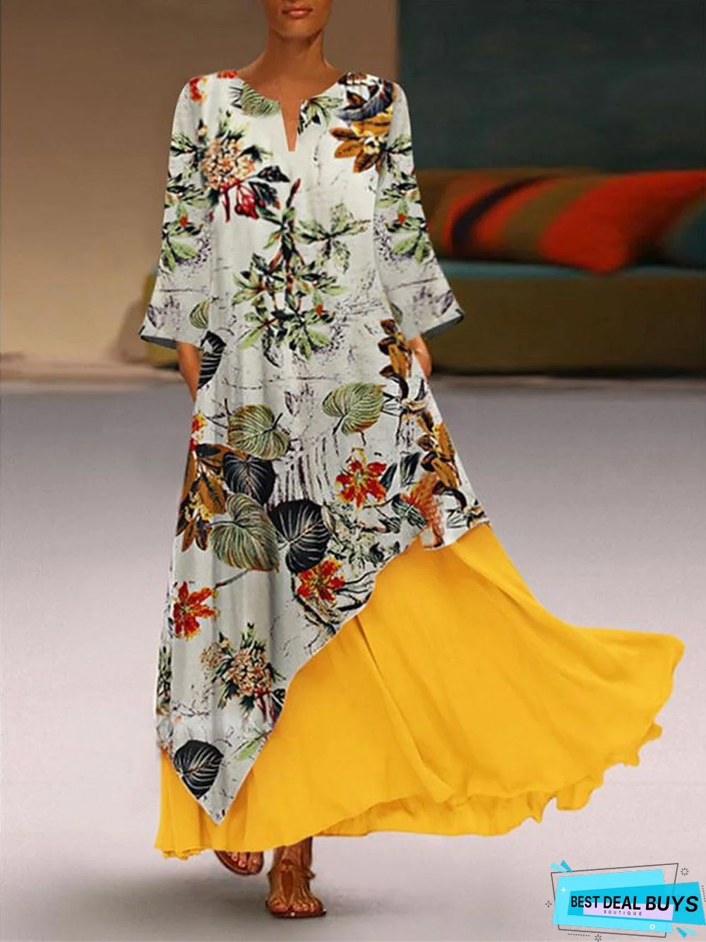 Women's Swing Dress Maxi Long Dress Long Sleeve Color Block V Neck Plus Size Hot White Yellow