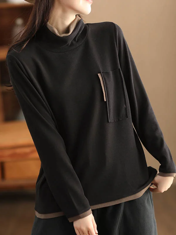 Pockets Contrast Color Loose Long Sleeves High Neck T-Shirts Tops