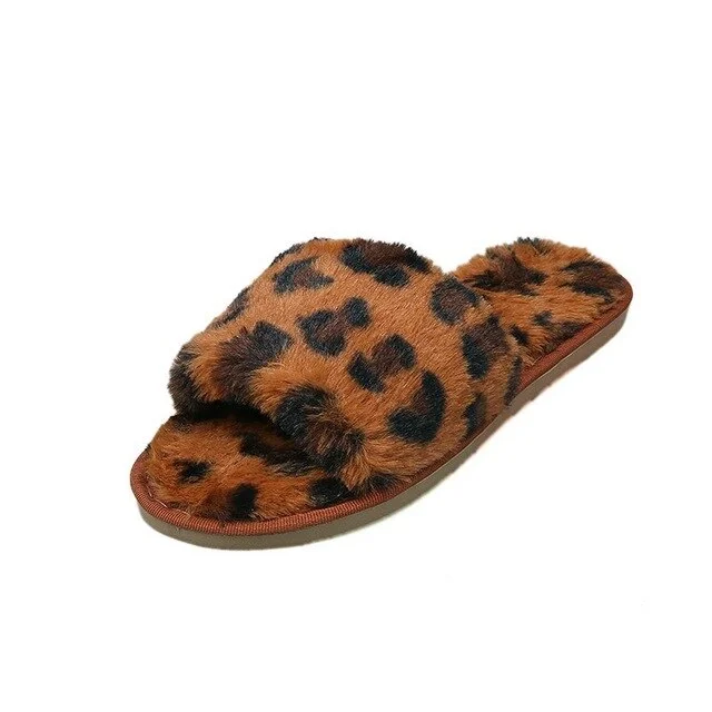Thick Winter Women House Slippers Faux Fur Fashion Warm Shoes Woman Slip on Flats Female Slides Leopard Cozy Home Furry Slippers
