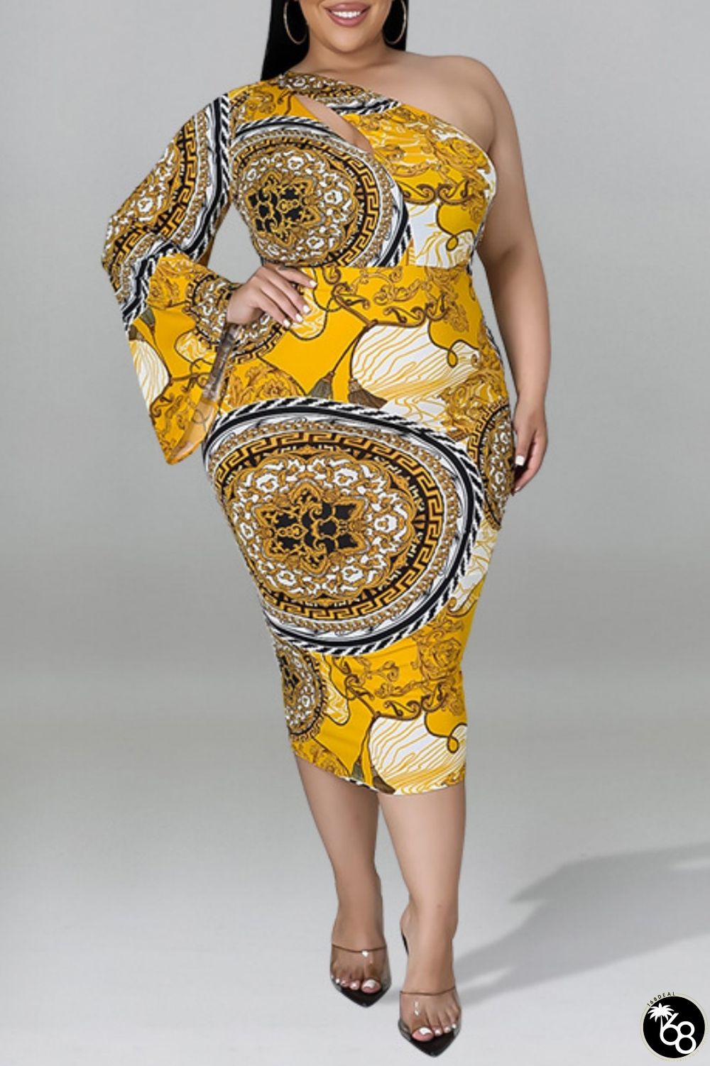Casual Print Hollowed Out Backless Oblique Collar Irregular Dress Plus Size Dresses | 168DEAL