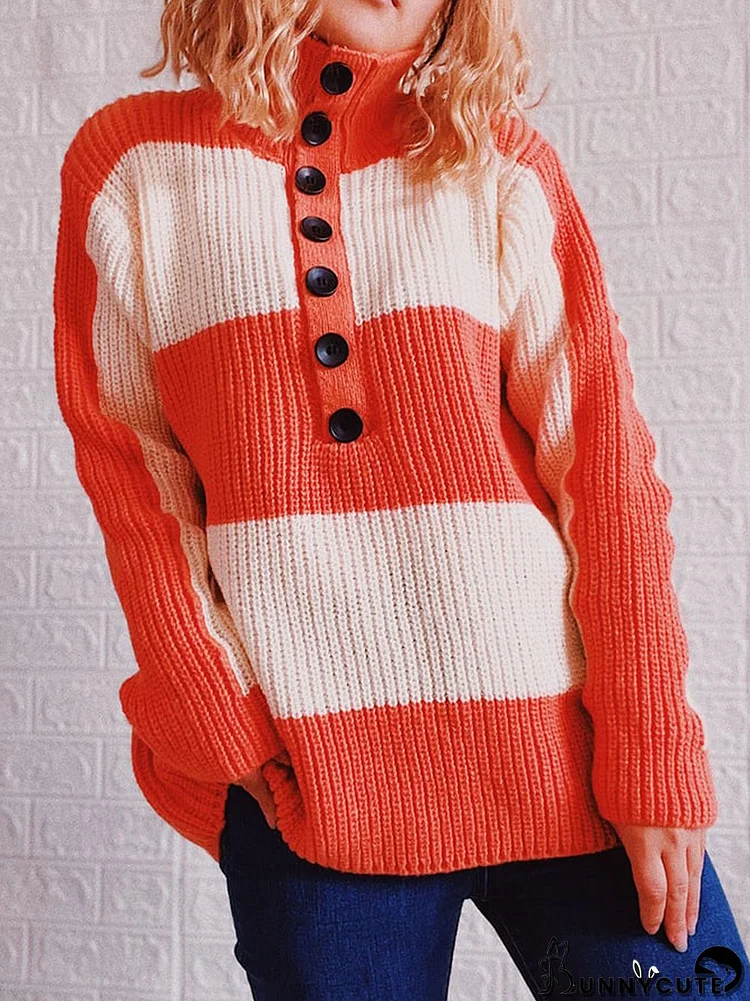 Women's Fashion Slouchy Loose Stripe Color Block Half Button Pullover Sweaters
