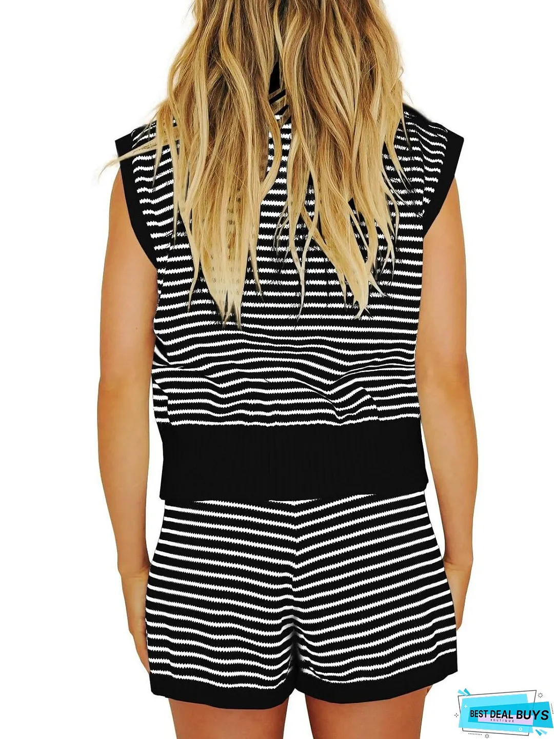 Striped Cap Sleeve Top and Shorts Sweater Set