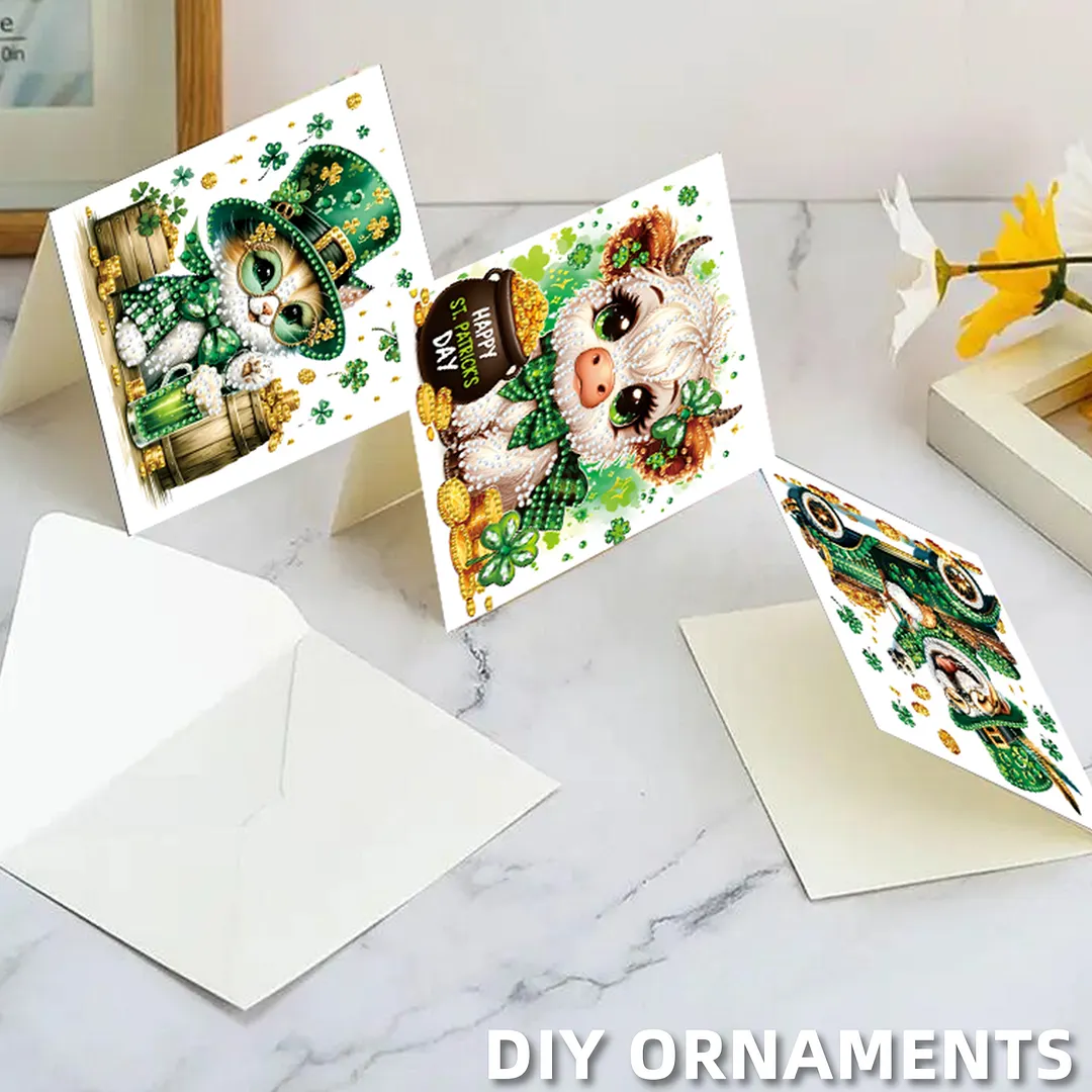 6Pcs St.Patrick Day Animals DIY Diamond Painting Greeting Card Set with Envelopes Diamond Art Handmade Cards for Beginner Adult Holiday Gifts