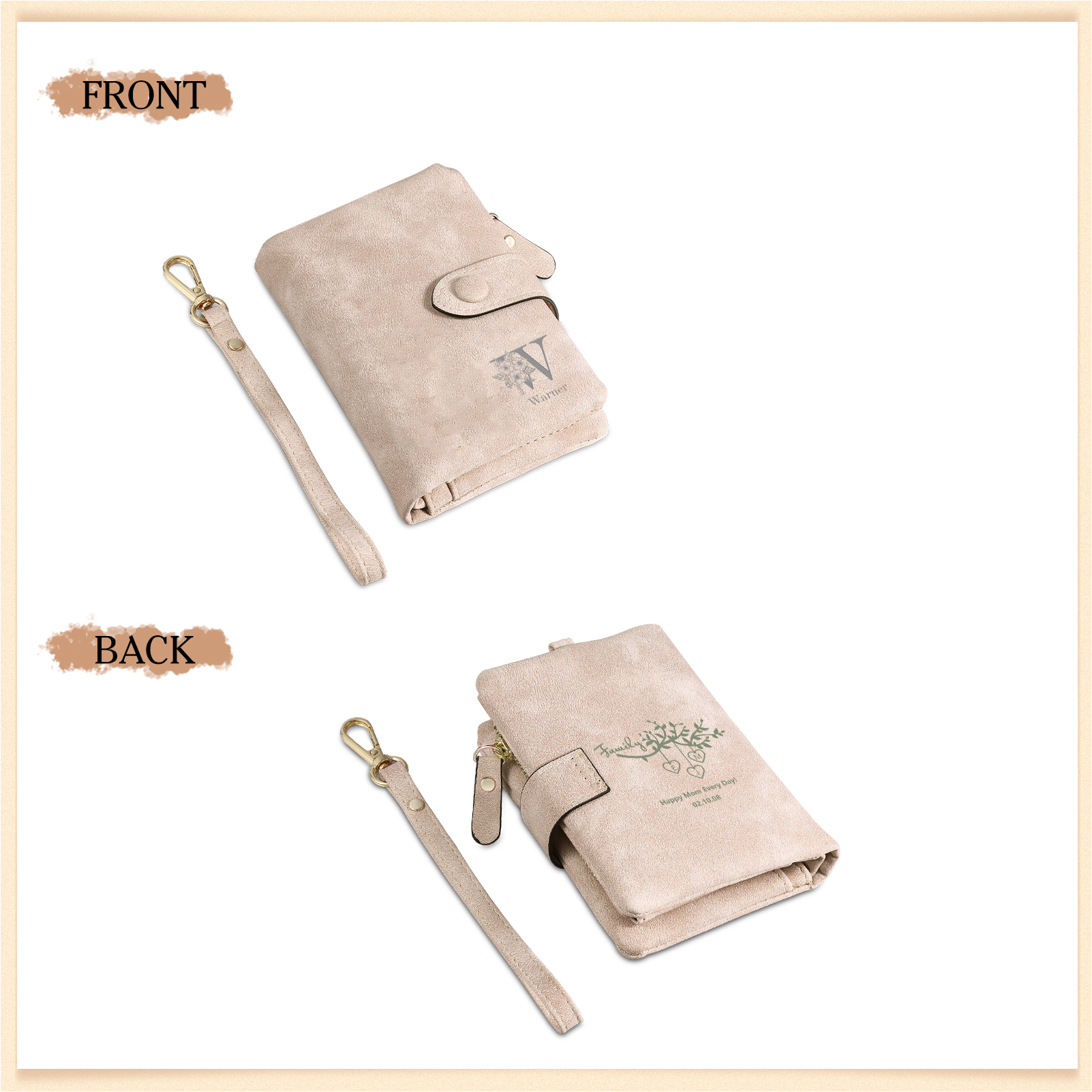 Portafoglio in PU pelle albero di vita con 4 letetre & 1 testo & 1 nome personalizzati per mamma/nonna