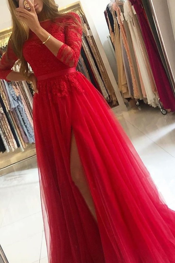 Long Sleeves A-Line Prom Dress Split With Lace | Ballbellas Ballbellas