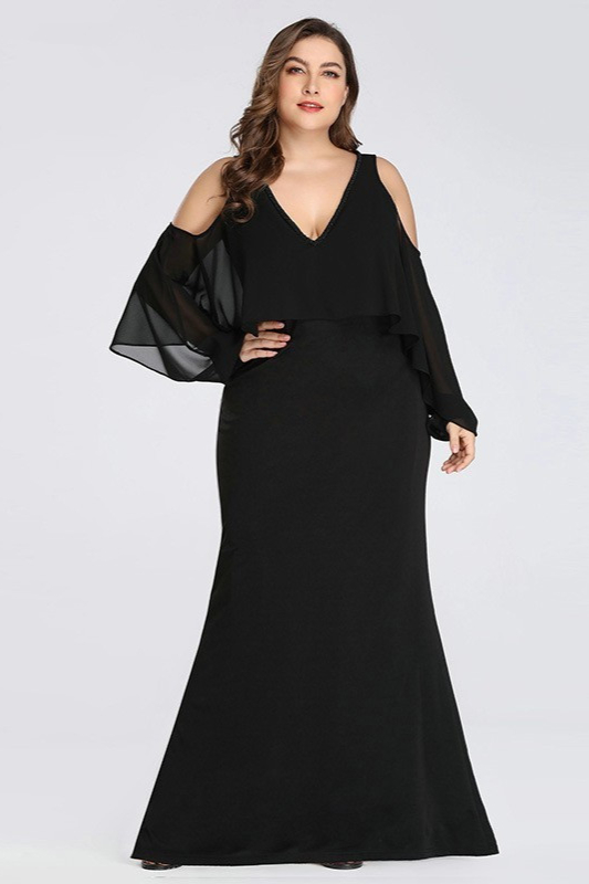 Chic Black V-Neck Ruffles Plus Size Evening Prom Dress Online - lulusllly